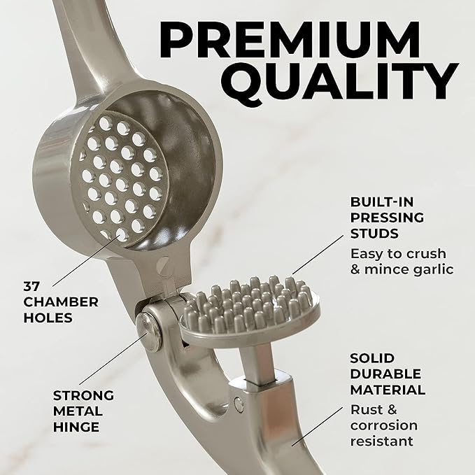 Zulay Kitchen Premium Garlic Press Set - Rust Proof Professional Garlic Mincer Tool - Easy-Squeeze, Easy-Clean with Soft, Ergonomic Handle - Silicone Garlic Peeler & Brush (Silver)