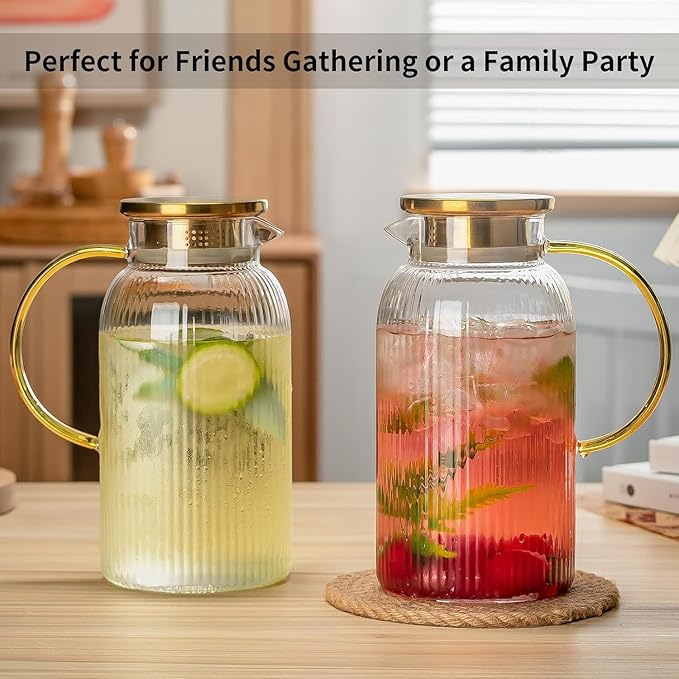 Buaic 2 PACK Glass Pitcher with Lid, 84 oz/ 2.5 Liter Glass Water Carafe