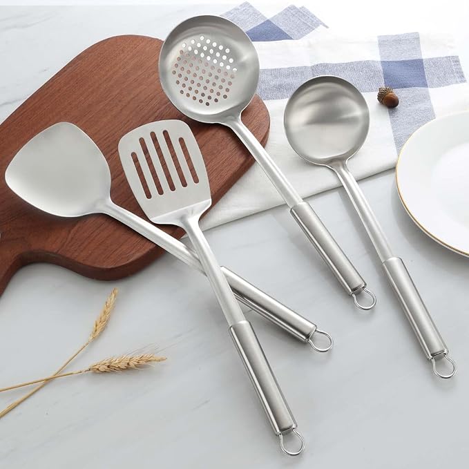 Pleafind Cooking Utensils Set - 4 Pcs Stainless Steel Kitchen Utensils Set with Solid Turner, Slotted Turner, Serving Ladle, Slotted Spoon, Wok Utensils Set with Heat Resistant Handle, Dishwasher Safe