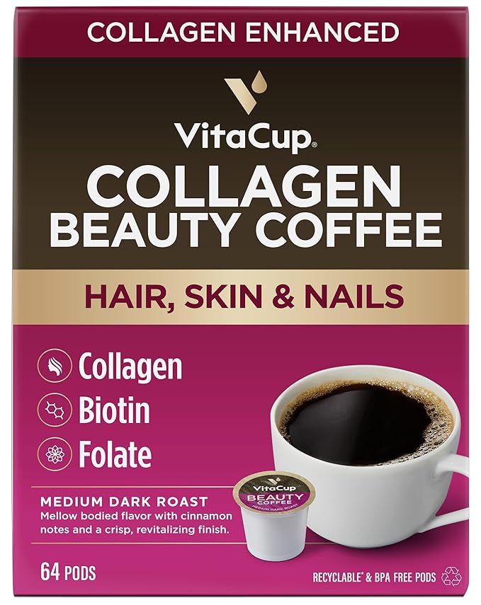 VitaCup Beauty Collagen Medium Dark Roast Coffee Pods, 64ct