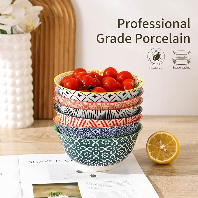 KOLLOV Cereal Bowls Set of 6 for Kitchen, 23oz Ceramic Bowls for Soup, Salad, Dessert, Rice, Serving, Oatmeal, Dishwasher & Microwave Safe, Assorted Colors
