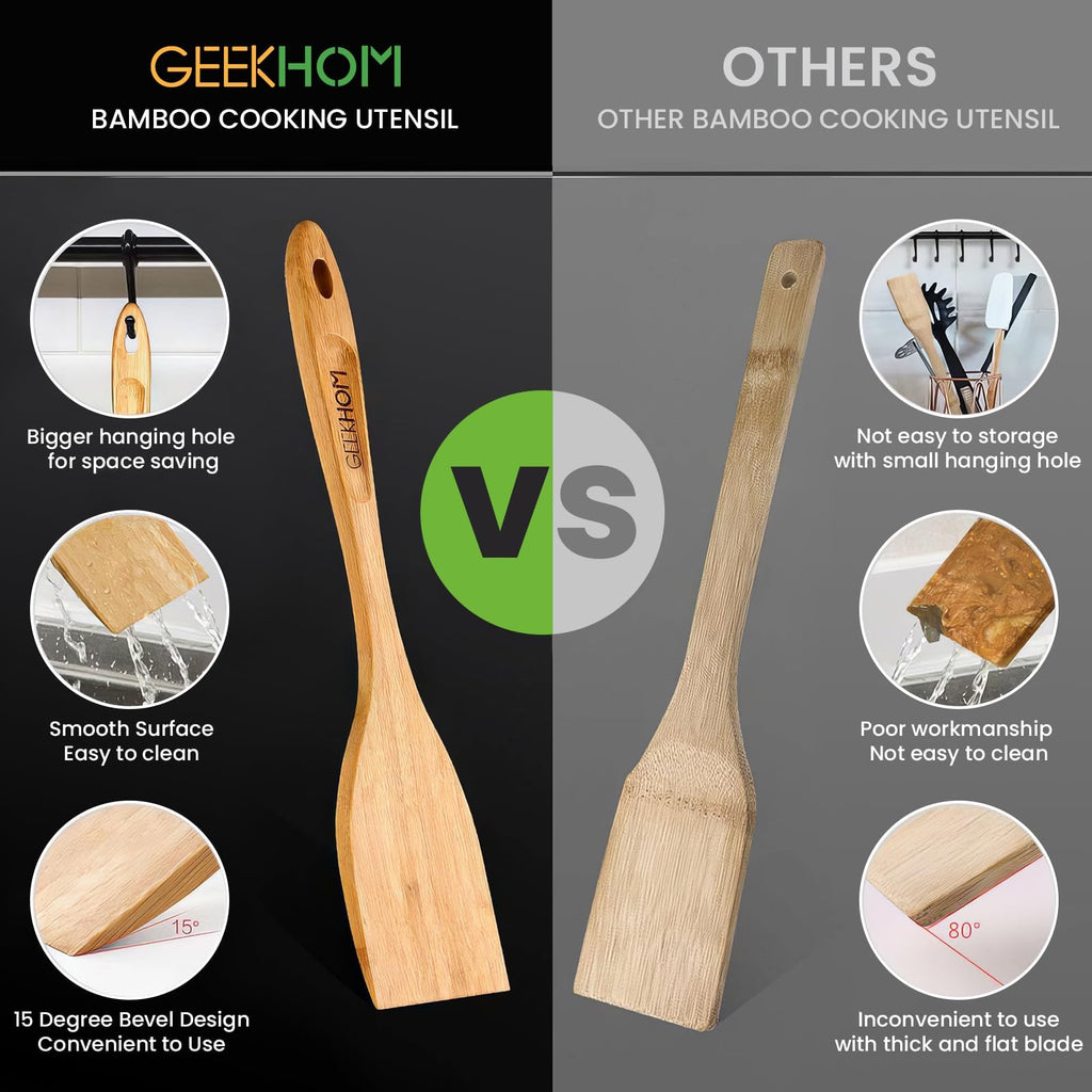 GEEKHOM Slotted Wooden Spurtle Bamboo Turners: 13 Inch Long Handle for Sourdough Starter, Mixing Reaching Jar Bottom, Nonstick Cookware 2 Pack