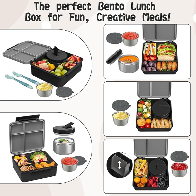 Aimsnk Kids Lunch Box with Thermo Insulated Lunch Bag for School, Black