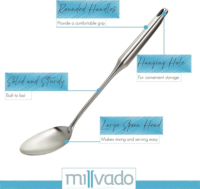 Millvado Stainless Steel Big Cooking Spoon, Kitchen Utensils and Gadgets, 15 Inch Large Spoon For for Cooking, Basting, Serving, Dishwasher Safe Metal Utensil, Durable, Solid Construction