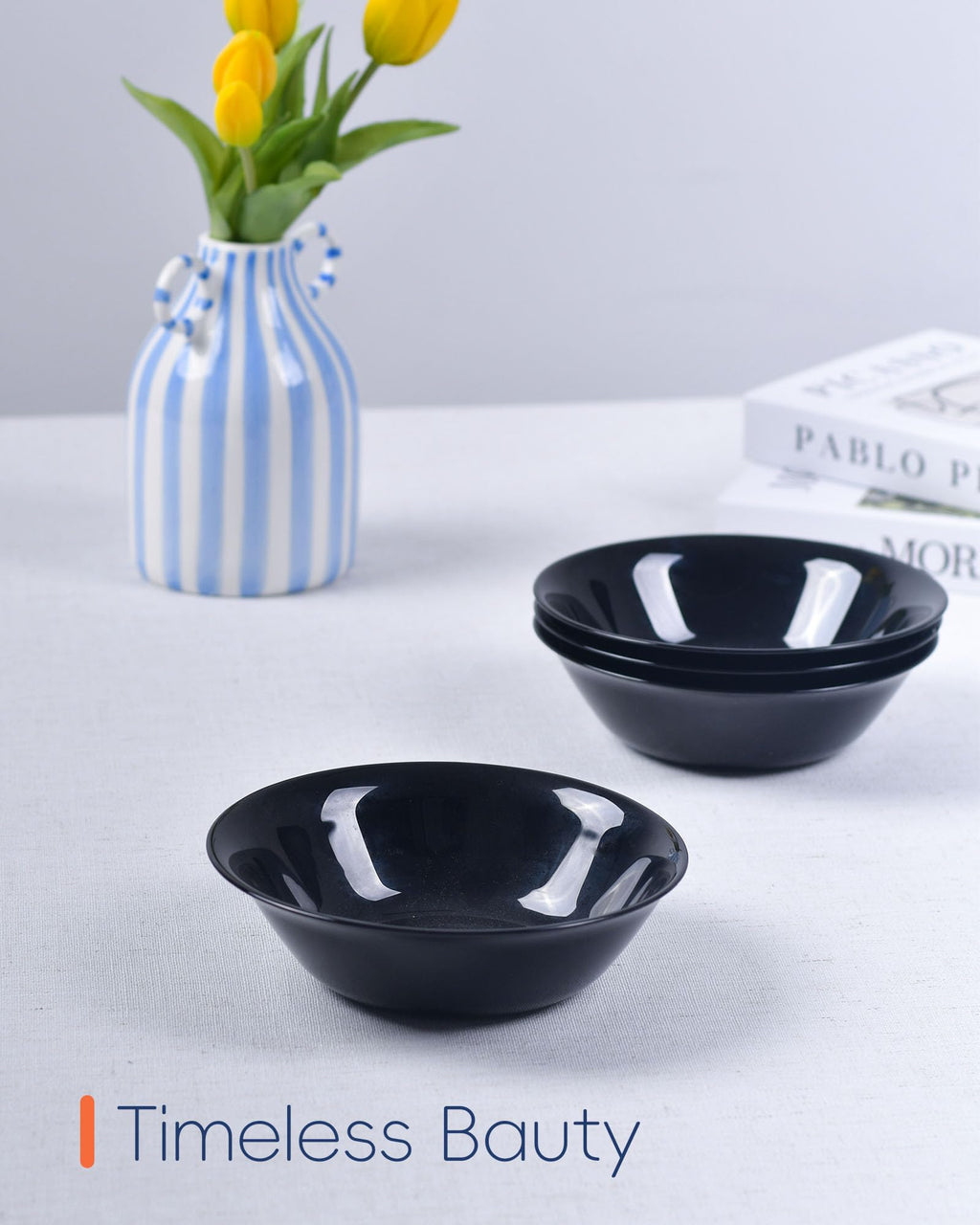 LaGlint 16 OZ Max Black Opal Glass Cereal Bowl Set of 6, 6.5 Inch