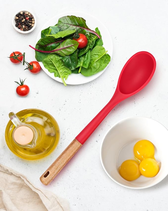 Badiano Large Silicone Cooking Spoons, Nonstick Solid Wooden Handle,13.2in