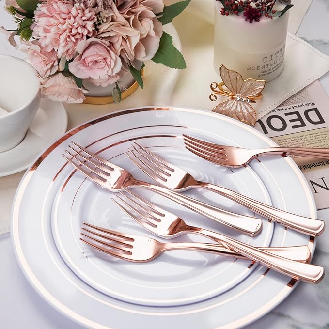 Liacere 200 Pack Rose Gold Forks Disposable - 7.4 inch Heavy Duty Plastic Forks - Heavyweight Plastic Fork - Rose Gold Silverware for Catering, Parties, Dinners, Wedding＆Mother's Day＆Valentine's Day