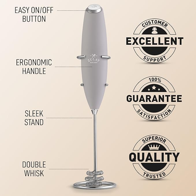 Zulay Kitchen Powerful Milk Frother Wand With Duracell Batteries - Ultra Fast Handheld Drink Mixer - Electric Whisk Foam Maker for Coffee, Lattes, Cappuccino & Matcha - Triple Whisk - Pewter Gray