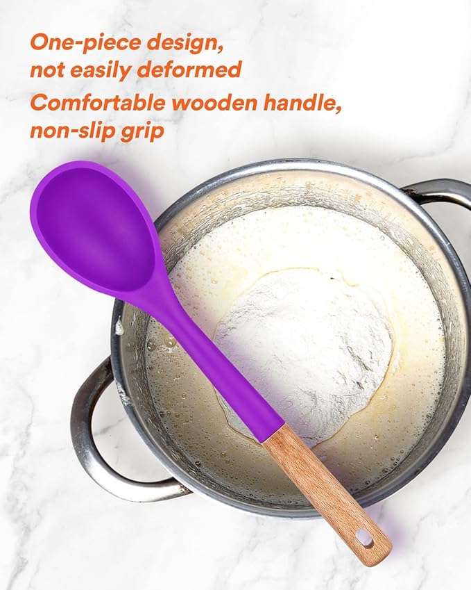 Badiano Large Silicone Cooking Spoons, Nonstick Solid Wooden Handle,13.2in
