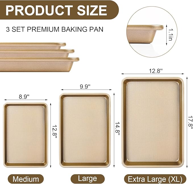 FLAREFX Baking Sheet Pan Set of 3 | Nonstick Cookie Sheets for Baking Supplies | No Rust & No Toxic Carbon Steel Half Sheet Pan+Jelly Roll Pan+Quarter Sheet Pan Set | Heavy Duty Baking Tray for Oven