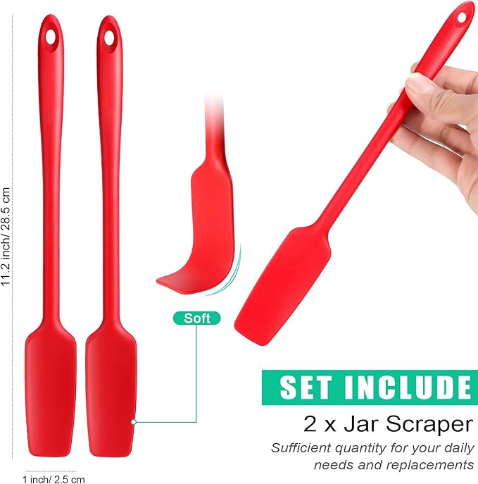 Long Handle Silicone Jar Spatula Kitchen Scraper Spatula Non-Stick Rubber Silicone Scraper for Jars, Smoothies, Blenders Cooking Baking Stirring Mixing(Red,2 Pieces)