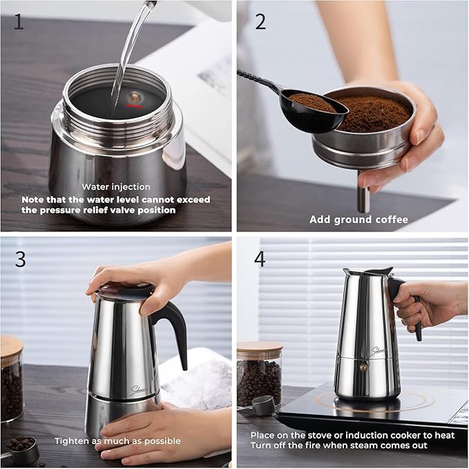 Solazzia Espresso Maker 6 Cup Moka Pot Stainless Steel Percolator coffee pot, Compatible with Gas, Electric, Ceramic, and Induction stovetops(10 fl oz/300 ml)
