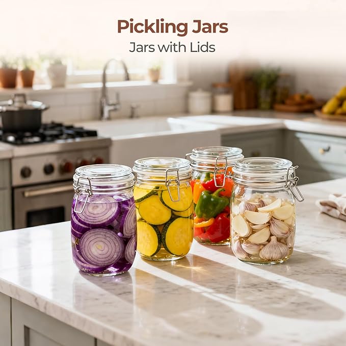 ComSaf Round Glass Jars with Airtight Lids 34 oz 3 Pack Apothecary Coffee