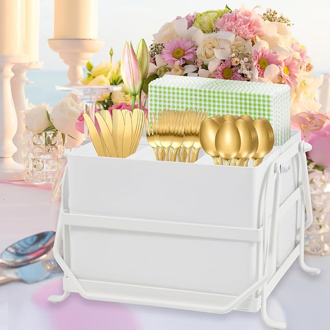 NelyBet Silverware Caddy Utensil Holder With Handle,Outdoor Silverware Holder Picnic Caddy and Camping Utensil Organizer, Flatware Holder for Party Gatherings, Metal -White