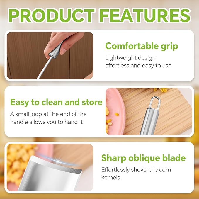 2PCS Corn Cob Stripper, 2025 New Corn Peeler for Corn on the Cob, Corn Cutter to Cut Corn off the Cob, Long Handle Stainless Steel Corn Stripping Tool for Home Kitchen & Outdoor Dining