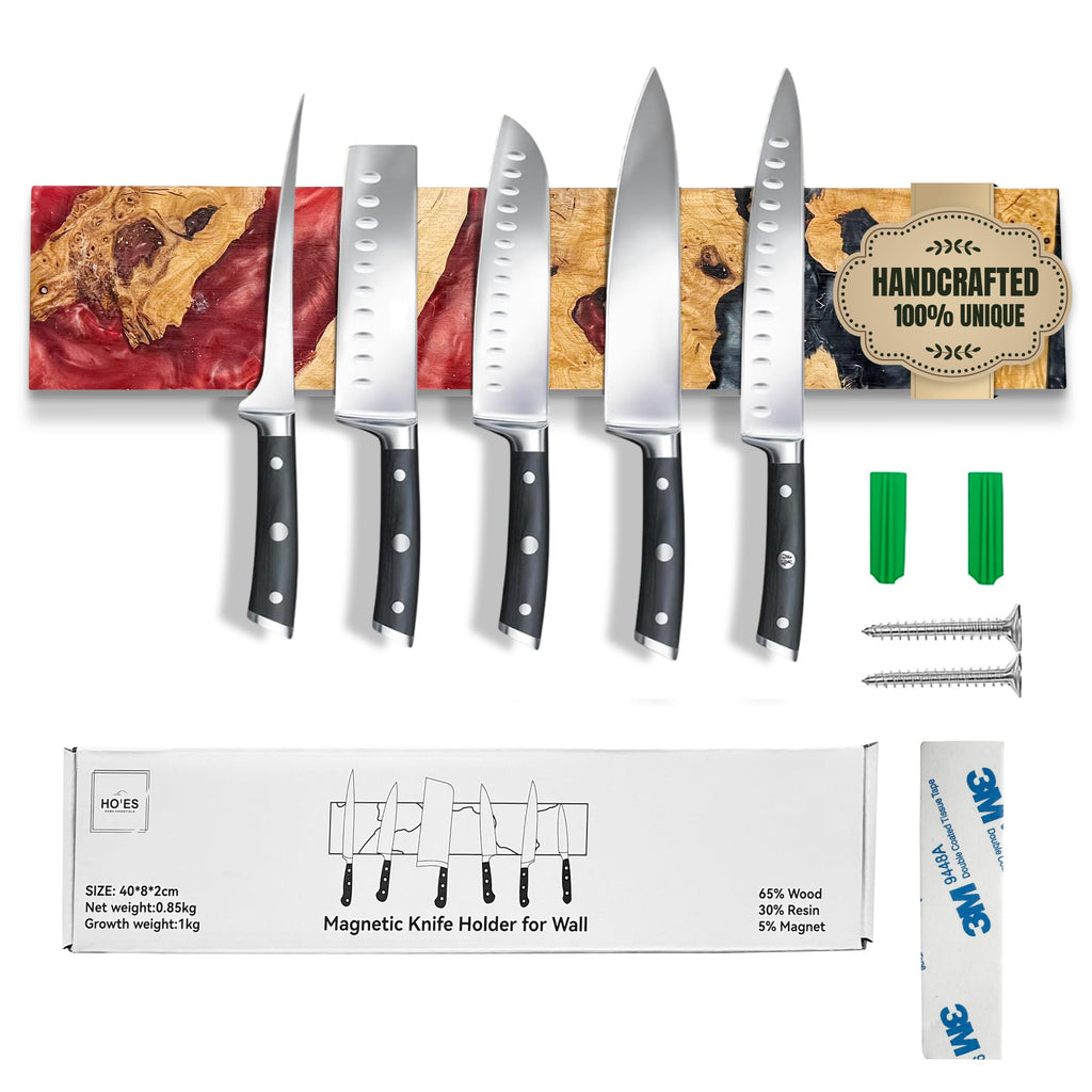 Magnetic Knife Holder for Wall 16 Inch |Premium Wood & Red and Grey Resin| Epoxy Knife Magnetic Strip, Kitchen Knife Block Holder with Strong Magnet, Space-Saving, Handcrafted Style & Easy to Install