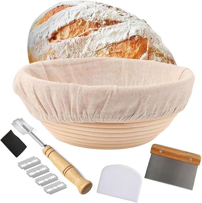EROIR Sourdough Starter Jar Kit - 38oz Glass Jar with Date Marked Feeding Band, Thermometer, Jar Scraper, 9" Round Bread Proofing Basket, Dough Whisk, Lame, Bowl Scraper, Clean Brush, Recipes Book