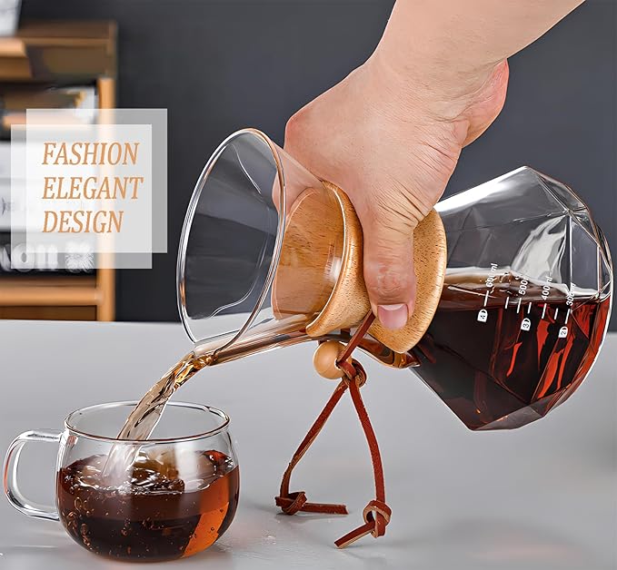 COFISUKI Pour Over Coffee Maker with Reusable Stainless Steel Drip Filter, Lead-Free Borosilicate Glass Coffee Carafe with Modern Wooden Collar for 1-4Cup, Diamond Clear (600ml/20oz)