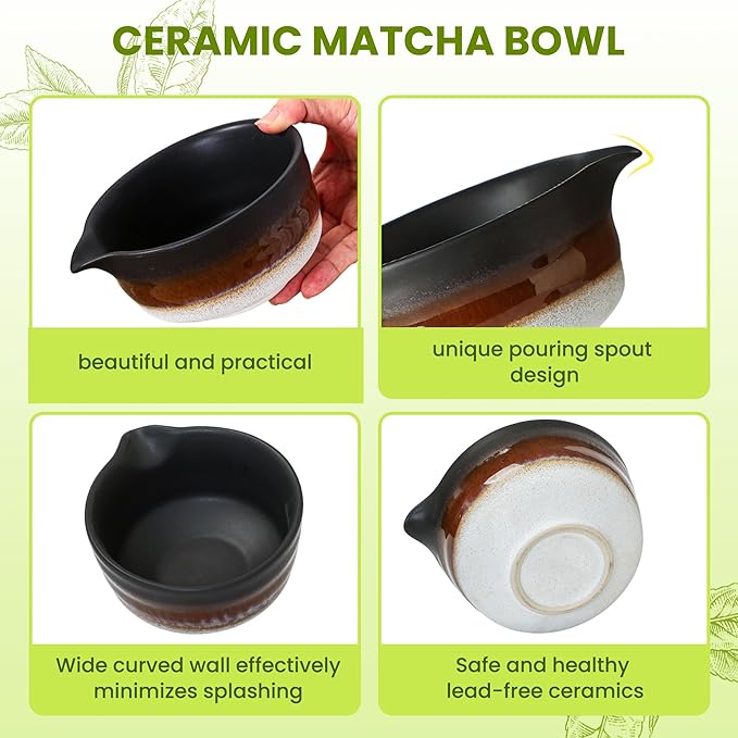 GBBG Matcha Whisk Set, Ceramic Matcha Kit Desert Style, Matcha Whisk and Bowl, Bamboo Scoop and Rest, Sifter and Tea Towel, 7 Pcs Gifts for Matcha Lover - Matte Black