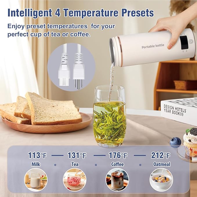 Touxila Portable Electric Kettle for Travel 120V, 13.5oz, 4 Temp Settings