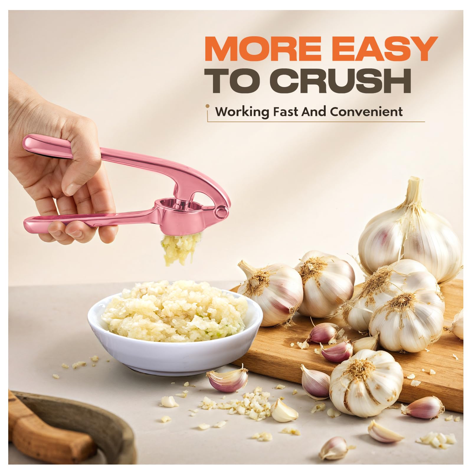 Kitchen Garlic Press, Rust Proof & Dishwasher Safe Garlic Mincer, Durable Garlic Crusher Set with Peeler＆Brush, Easy to Clean and Squeeze, Rose