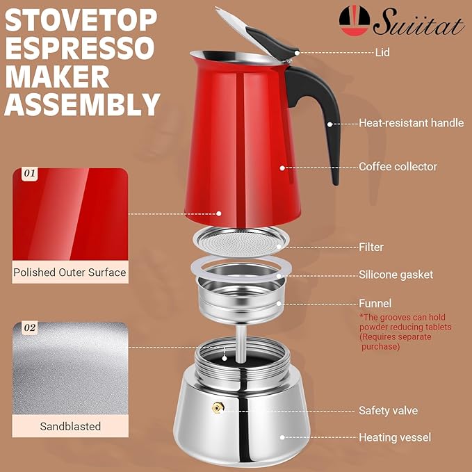 Suiitat 9 Cup Stainless Steel Moka Pot, 450ml Stovetop Espresso Maker, Red