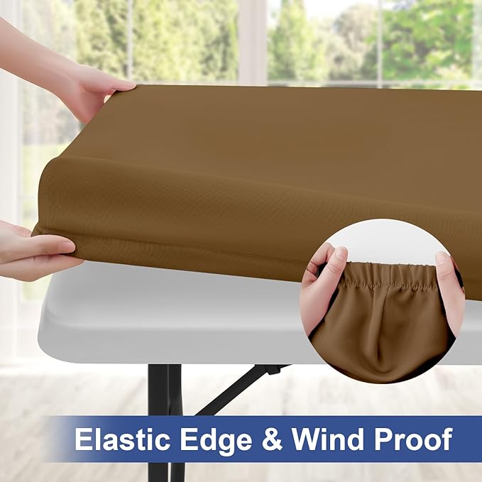 homing Rectangle Table Cloth Cover, Water-Resistant Polyester Elastic Fitted Tablecloth, Fits for 4 Foot Folding Tables, Washable Table Protector for Picnic, Camping, Outdoor (Brown, 24" x 48")