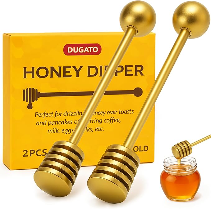 DUGATO Honey Dipper, 6.3 in Stainless Steel Server Stick, 2-Pack Gold Color