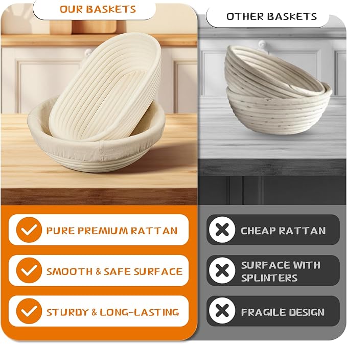Dimpola Banneton Bread Proofing Basket - Banneton Basket Set Sourdough Proofing Basket Round Proofing Bowls Handmade Rattan Baskets and Liners (Oval & Round Gift Set)