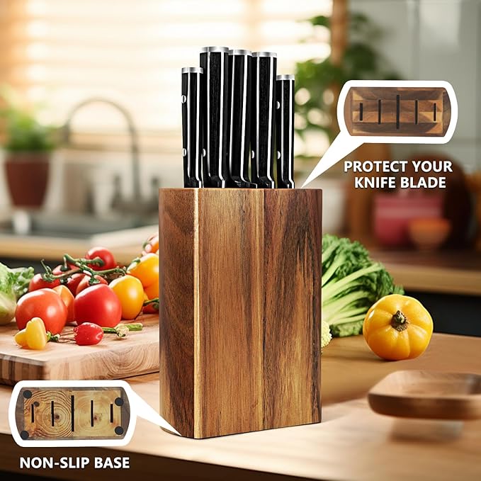 HueEase Knife Set,6-Piece Kitchen Knife for Home Use, Sharp Knife Set with Natural Acacia Wood Knife Block, Germen Steel Wood Handle Kitchen Knife Block Set, Ergonomical Design ((Ink-black))