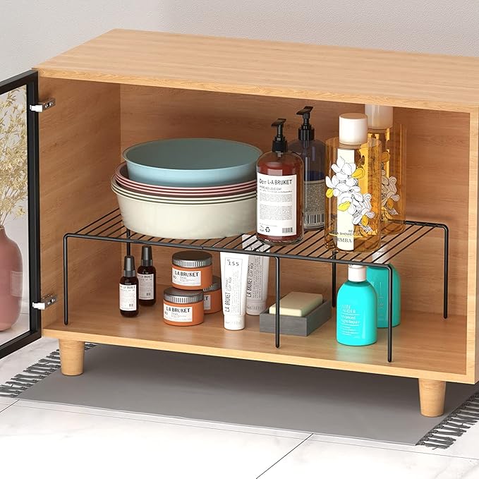 GEDLIRE Kitchen Cabinet Expandable Shelf Organizers Set of 2, Adjustable Metal Wire Pantry Storage Shelves, Plate Dish Organizer Rack for Cabinets, Cupboard, Counter, Freezer, Countertop, Black