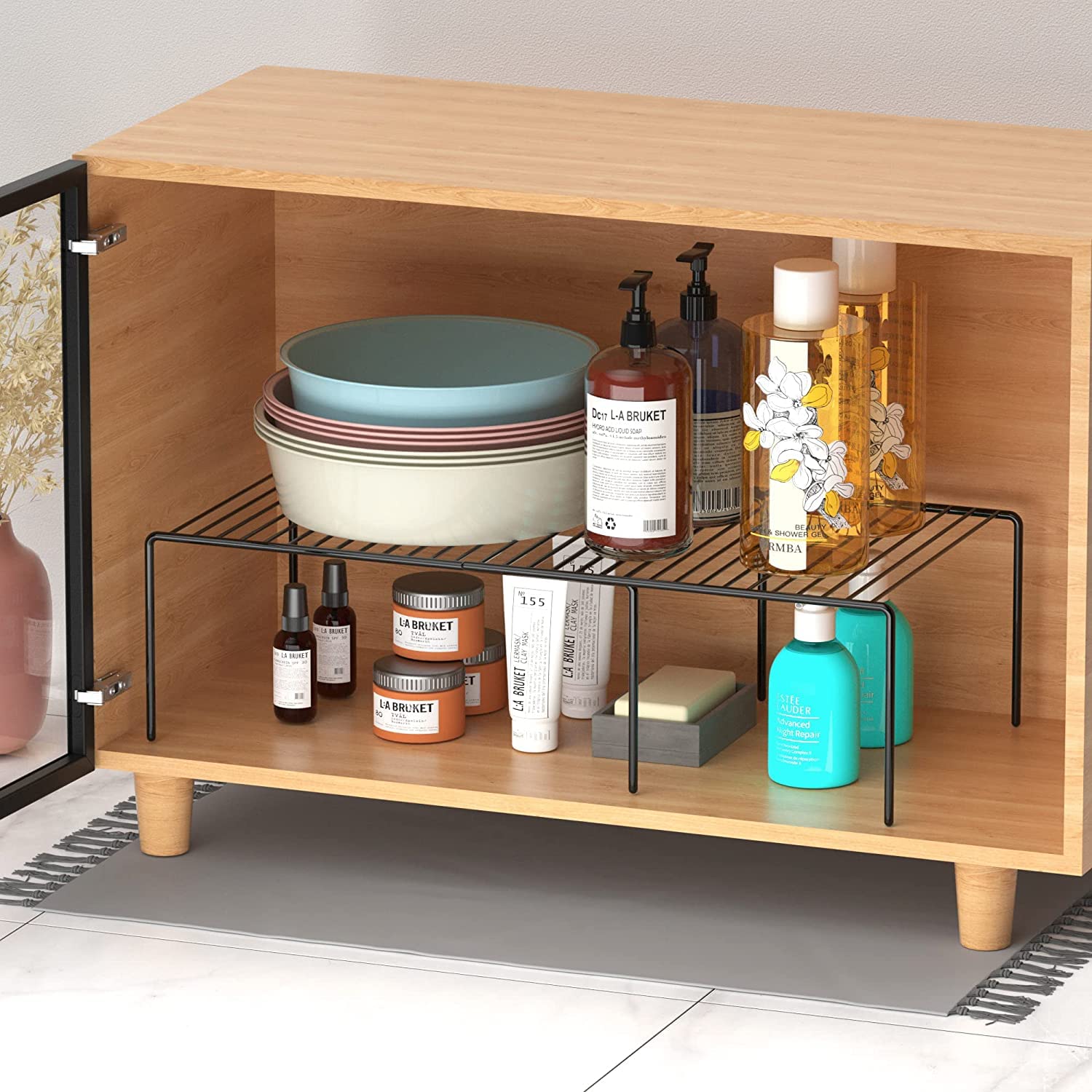 GEDLIRE Kitchen Cabinet Expandable Shelf Organizers Set of 2, Adjustable Metal Wire Pantry Storage Shelves, Plate Dish Organizer Rack for Cabinets, Cupboard, Counter, Freezer, Countertop, Black
