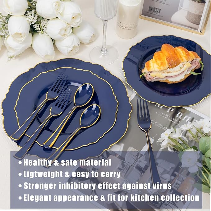 WDF 180PCS Blue Plastic Silverware -Blue and Gold Plastic Cutlery 60 Forks, 60 Knives, 60 Spoons - Heavy Duty Disposable Silverware for Party/Wedding/Birthday