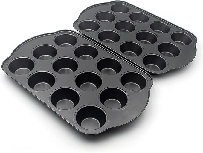 Bakexcel Non-Stick Standard Muffin Pans, 2.95" 12-Cup Set of 2 Baking Pans, Heavy Duty Carbon Steel Tins for Standard Muffins & Cupcakes