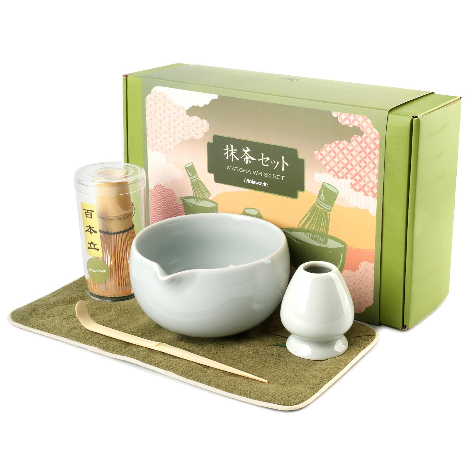 Matcha Whisk Set – Ceramic Matcha Set with Matcha Bowl, Matcha Whisk & Holder, Bamboo Scoop, Tea Towel – 5-Piece Japanese Matcha Kit for Matcha Lovers, Beginners & Gifting (Gray, 17oz)