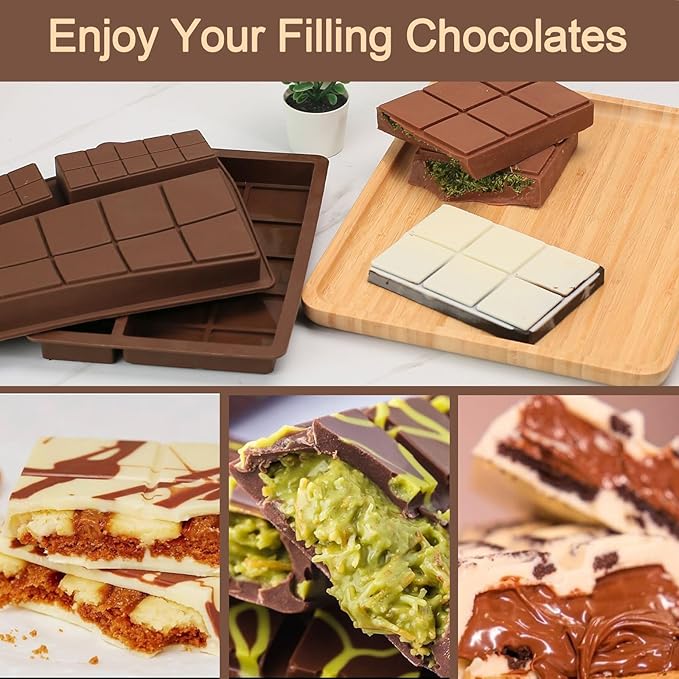 Dacthuw Chocolate Bar Mold, 1 Inch Deep Chocolate Molds Silicone for Homemade Dubai Pistachio/Candy/Snacks, 2 Pcs Large Silicone Molds with Three Bars Cavities, Food Grade and Break Apart