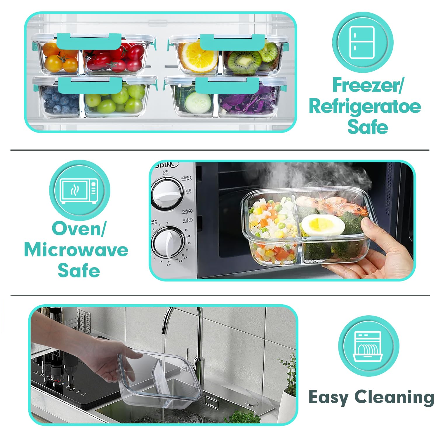 VERONES 10 PACK 30 OZ Glass Meal Prep Containers 2 Compartment Set, Green