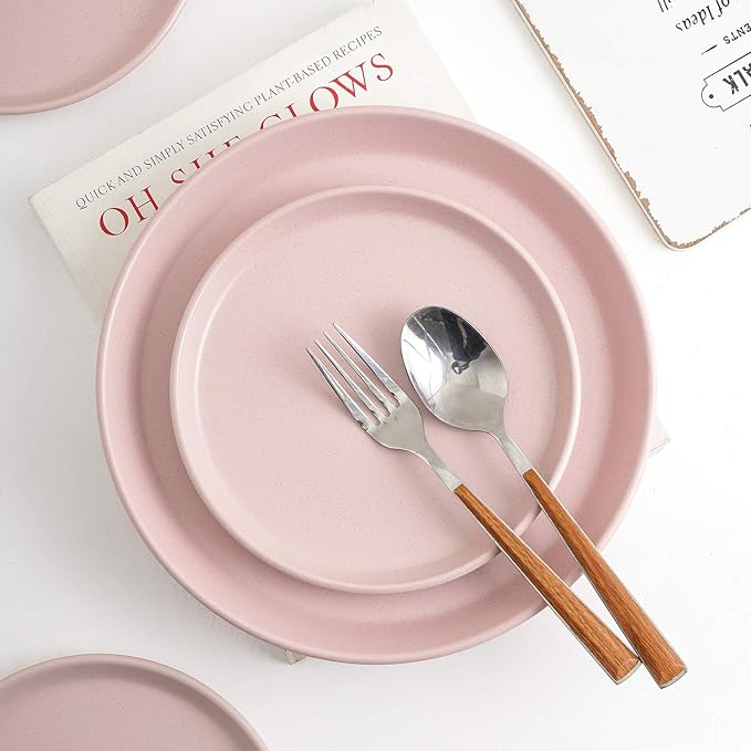 Stone Lain Albie Stoneware 32-Piece Modern Dinnerware Set, Kitchen Plates and Bowls Sets, Service for 8, Pink, Microwave & Dishwasher Safe