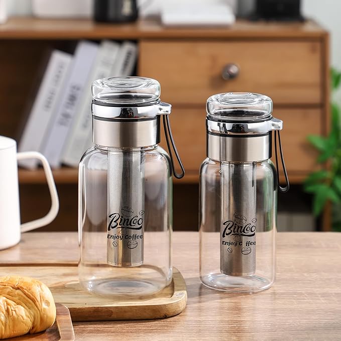 Bincoo Glass Cold Brew Coffee Maker with Extended Fine Mesh Filter, Tea Infuser Bottle Iced Coffee Maker with Thick Borosilicate Glas