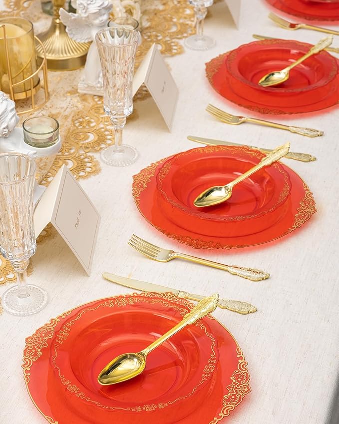Bestluck 100 Pack Clear Red Plastic Bowls with Gold Rim