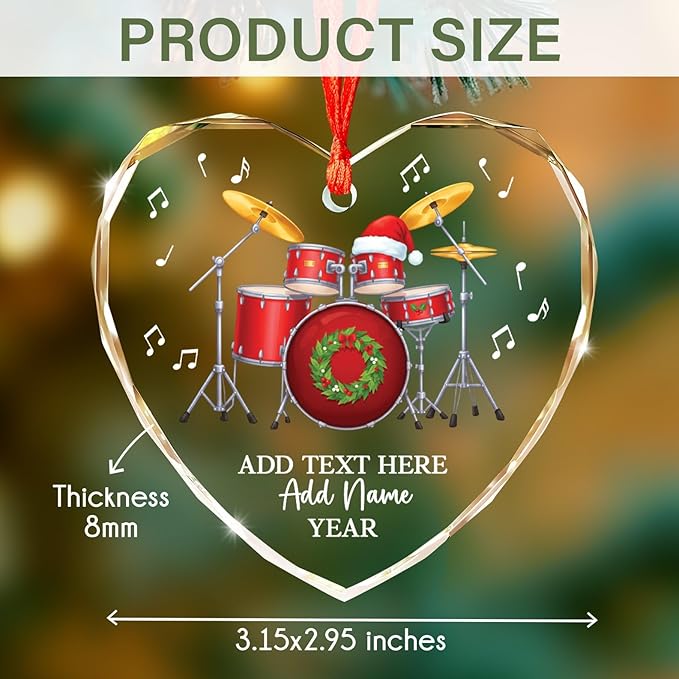 Personalized Drum Set Christmas Glass Ornaments 2026, Drum Xmas Ornament with Custom Text Name & Year, Drummer Christmas Tree Ornament for Men Women, Decoration Gift for Drummer Band Music