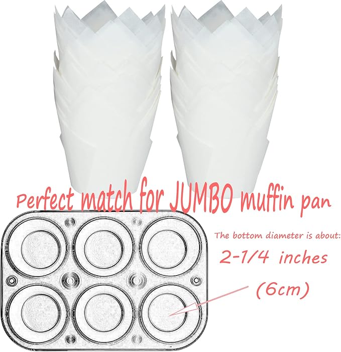 MyBakning Large size White Tulip Baking Cups 2-1/4"(Base diameter) x 4"(Wall height) Greaseproof paper baking cupcake Muffin liners, Case of 130 pcs