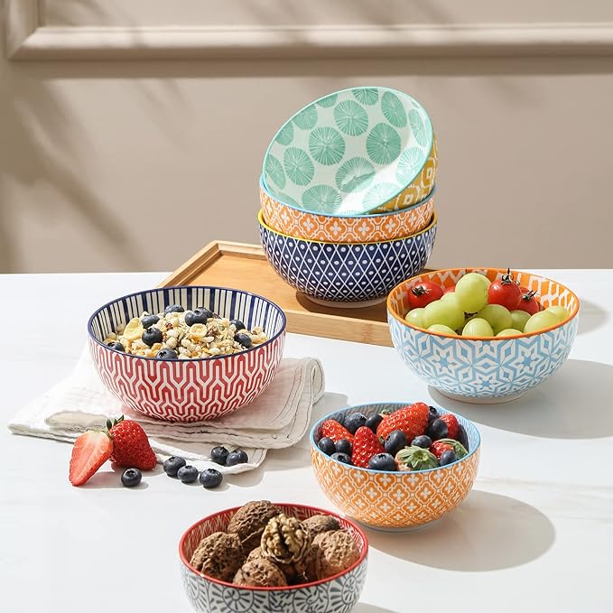 Selamica Ceramic Cereal Bowls Set of 6, 24 Oz Deep Soup Bowls for Kitchen