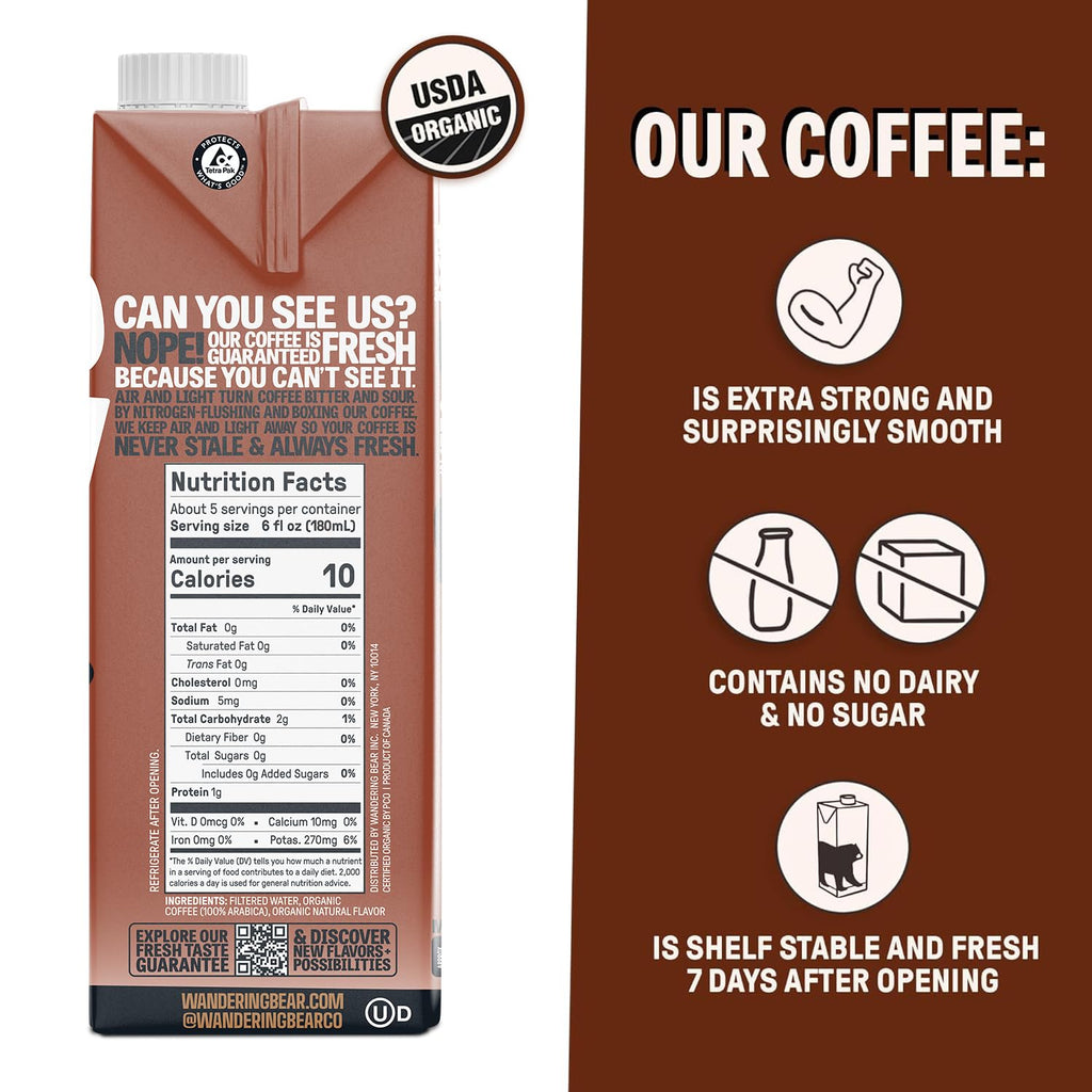 Wandering Bear Organic Cold Brew Coffee Variety Pack - Extra Strong, Bold, Smooth, Unsweetened, Shelf-Stable, Ready to Drink & Vegan, Iced Cold Brewed Coffee Drink - 32 fl oz (3pk - Vanilla, Caramel, Mocha)