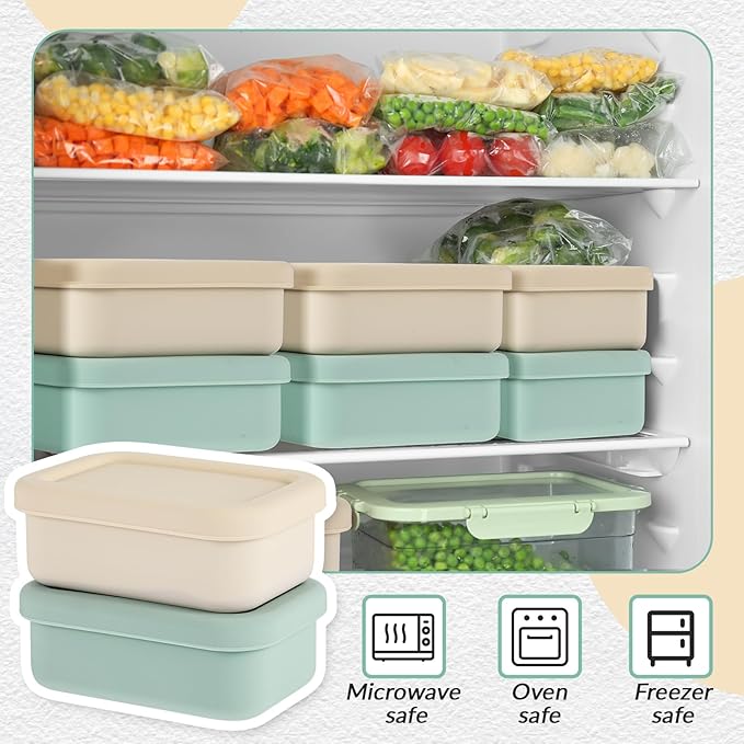 Teenyyou 6 Packs 2 Cup Silicone Soup Freezer Molds with Lid Silicone Soup Freezer Trays Rectangle Reusable Food Preserving Tray Freezing Sauces Stews(Sage Green, Beige)