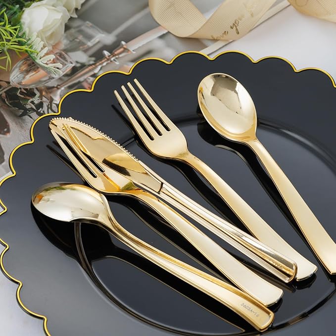 EI 360pcs Gold Plastic Silverware,Gold Silverware Disposable,Gold Forks and Spoons,Gold Plastic Cutlery include 120pcs Forks,120pcs Spoons and 120pcs Knives for Wedding,Afternoon Tea,Valentine's Day