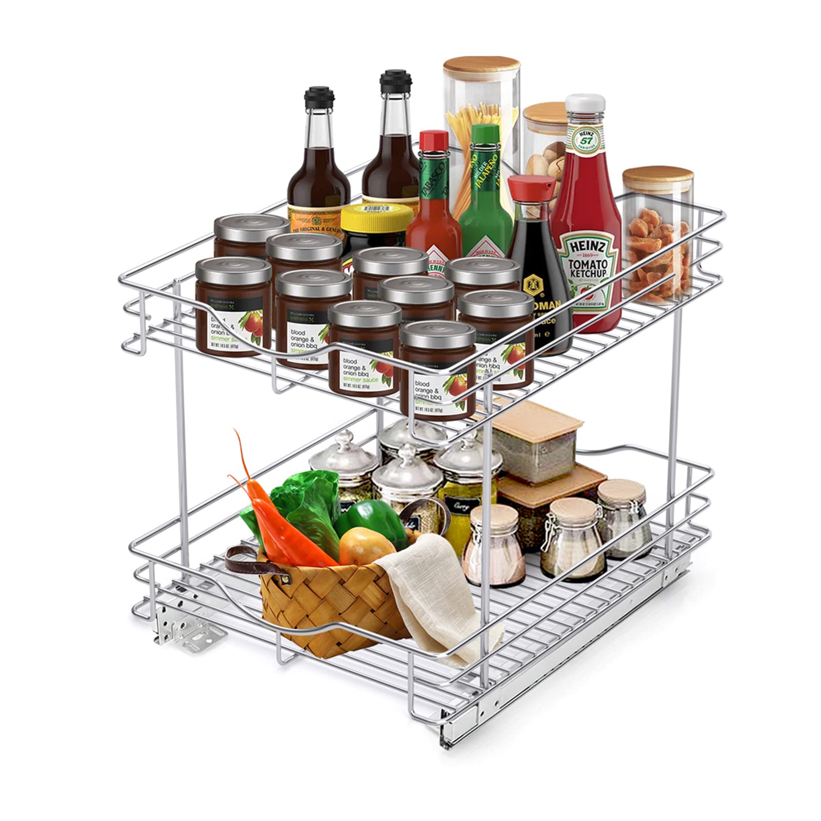 FULGENTE Chrome Finish Pull Out Drawer Cabinet Organizer 2 Tier (14" W X 18" D) Sliding Drawers For Kitchen Cabinets Cookware Organizer Drawer For Cabinet Slide Out Shelves