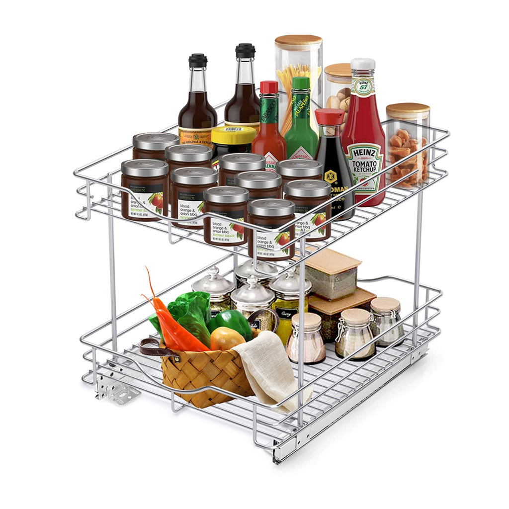 FULGENTE Chrome Finish Pull Out Drawer Cabinet Organizer 2 Tier (14" W X 18" D) Sliding Drawers For Kitchen Cabinets Cookware Organizer Drawer For Cabinet Slide Out Shelves