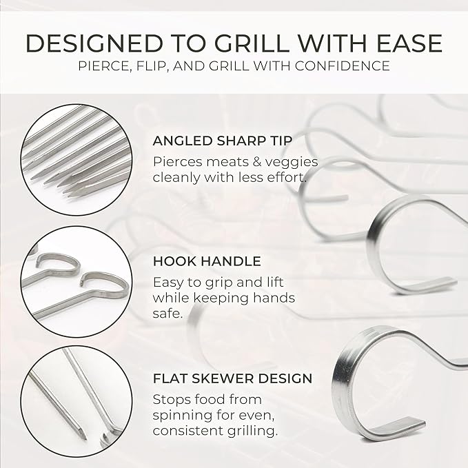 O-Yaki Flat Metal Kabob Skewer for Grilling Set of 8 BBQ Skewers Stainless Steel with Storage Bag, Dishwasher Safe with Hook Handle & Sharp Tip for BBQ, Cookouts & Oven Use 12 Inch