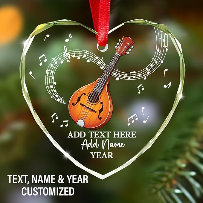Custom Mandolin Christmas Glass Ornament 2026, Personalized Mandolin Player Xmas Ornament with Text Name & Year, Musical Instrument Christmas Tree Ornaments, Gift for Men Women Mandolinist